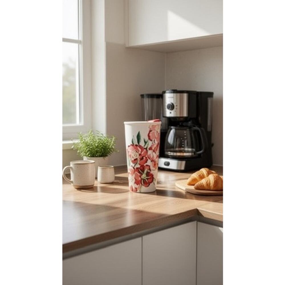 Starbucks Travel‎ Mug 10 oz White Red Floral Print Red Lid